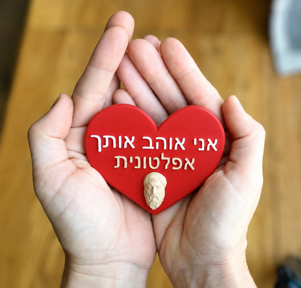 לב מודפס בתלת-ממד עם הכיתוב 'אני אוהב אותך אפלטונית', מוחזק בין שתי כפות ידיים